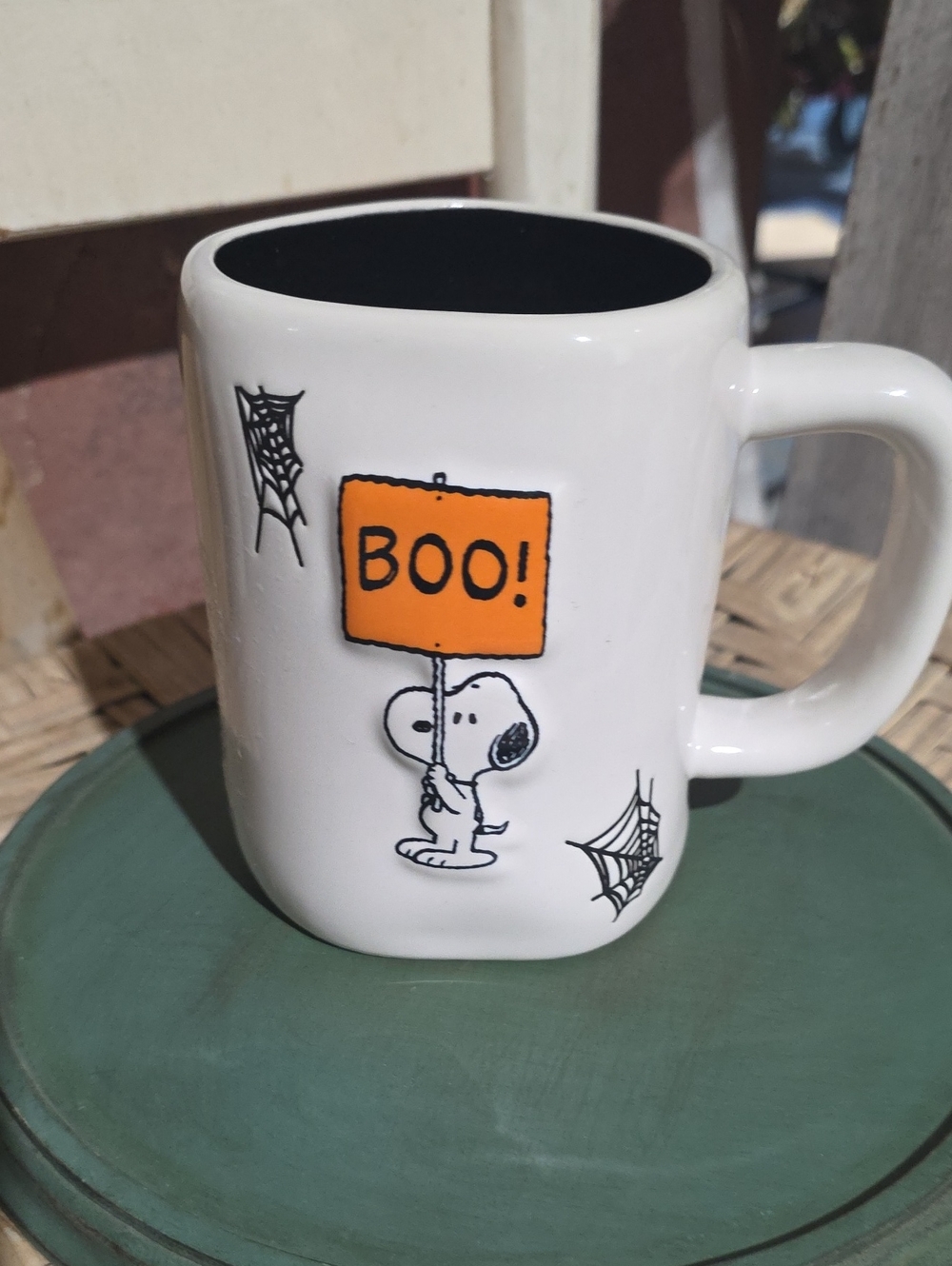 Rae Dunn White Ceramic Mug with Orange 'BOO!' Sign and Black Interior